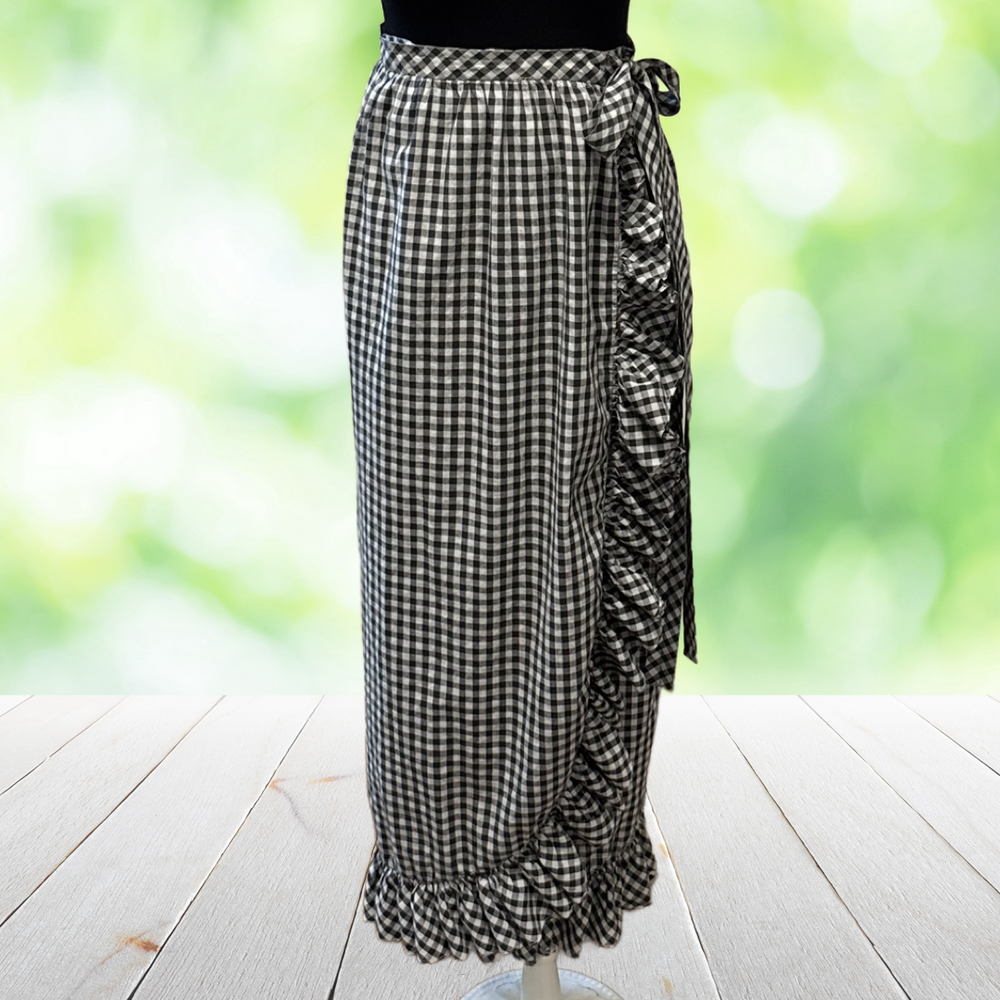 Vintage 60s MARY QUANT Penneys Maxi Wrap Skirt Gingham Ruffle Prairie Black Sz S